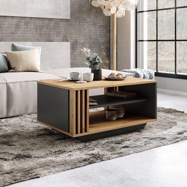 Журнальний столик Viosimc, стіл для вітальні з сучасними ламелями, сучасний та стильний прямокутний журнальний столик з полицею, стильне доповнення до будь-якої вітальні дуб Artisan та антрацит Artisan Anthracite