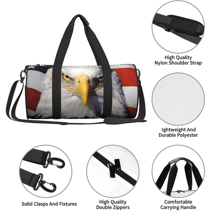 Спортивна сумка для подорожей, дизайн прапор та орел США, чорний колір, універсальний розмір