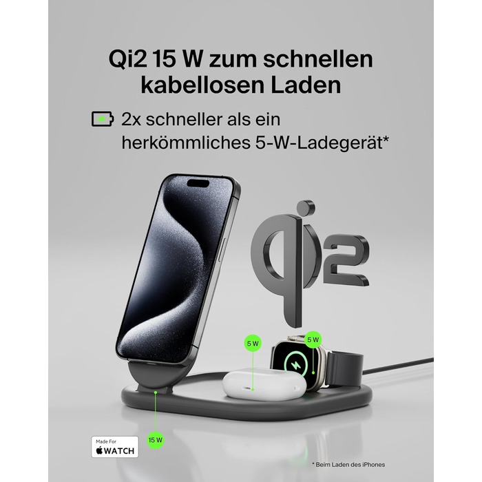 Зарядний пристрій Belkin BoostCharge індуктивна зарядна станція 3-в-1 Qi2, 15 Вт, складна підставка, сумісна з MagSafe, для Apple