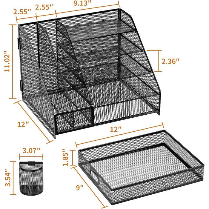 Настільний органайзер Marbrasse, 5 ярусів, лоток для листів для паперу з ящиком, 2 тримачі для ручок, сітчастий настільний органайзер, аксесуари, зберігання приладдя для домашнього офісу (одностороння підставка для книг) Одностороння підставка для книг
