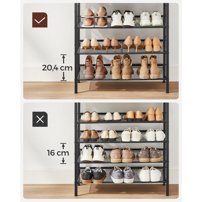 Взуттєва полиця, для зберігання взуття, 5 рівнів, велика площа поверхні, регульовані дротяні полиці, компактна для передпокою, металева, індустріальний стиль, вінтажний коричневий-чорний LBS038B01 Вінтажний коричневий чорний 5 рівнів (28 Г x 75 Ш см)
