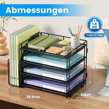 Органайзер для столу VITVITI, 4-рівневий лоток для листів, тримач для файлів з файлами для журналів, офісний органайзер для документів A4, тримач для файлів для журналів (чорний)