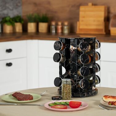 Карусель для спецій Relaxdays з 16 баночками для спецій, зі вставкою-шейкером, обертовий, багаторазовий блок для спецій, мармуровий вигляд, чорний