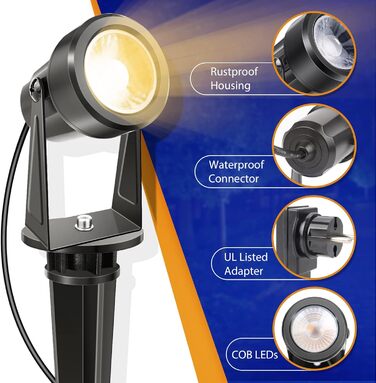 Світлодіодні садові ліхтарі NIORSUN, теплий білий світлодіодний прожектор 3000K, водонепроникний садовий прожектор IP67, садові ліхтарі 17 м 12 В з адаптером, зовнішні садові ліхтарі для саду, двору, дерев (4 шт.) теплий білий 4-в-1