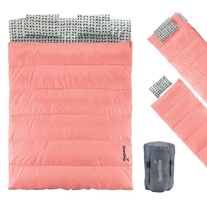 Подвійний спальний мішок Skandika Iceland Спальний мішок для 2 осіб, 3 сезони, з фланеллю/без неї, бавовна, подушка, 220 x 150 см, можна використовувати як одинарний спальний мішок Спальний мішок-ковдра, сімейний спальний мішок, лосось