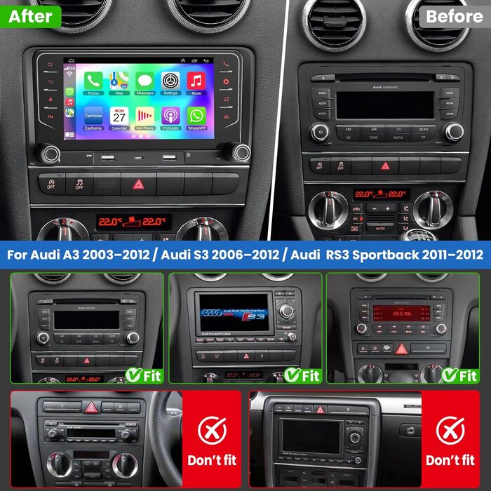 Автомагнітола 464 ГБ для Audi A3 S3 RS3 2003-2012 з бездротовим Carplay та Android Auto, Android 13 7-дюймовий IPS-навігатор з GPS-навігацією, голосовим керуванням SWC, камерою заднього виду, Bluetooth 5.2, Handsfree, WiFi, A3 7 дюймів