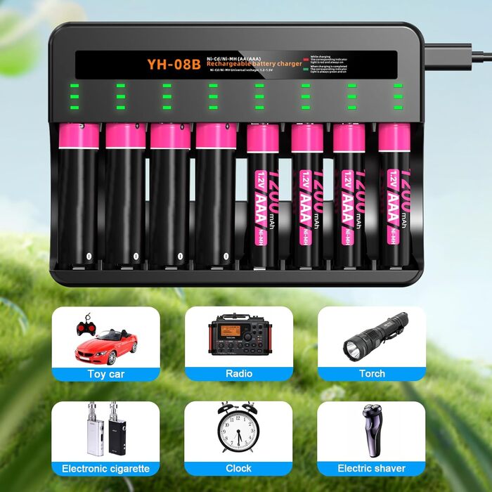 Акумуляторні батареї AAA Ni-MH, 8 акумуляторних батарей AAA з 8 зарядними пристроями для швидкої зарядки, для батарей Ni-MH AA/AAA, 8 слотів для зарядки 8 AAA
