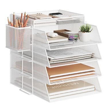 Штабельований лоток для листів, настільний органайзер з 4 тримачами для файлів та 1 тримачем для ручок, для документів A4, металевий офісний органайзер, настільний лоток для офісного документообігу, поштові лотки (білий)