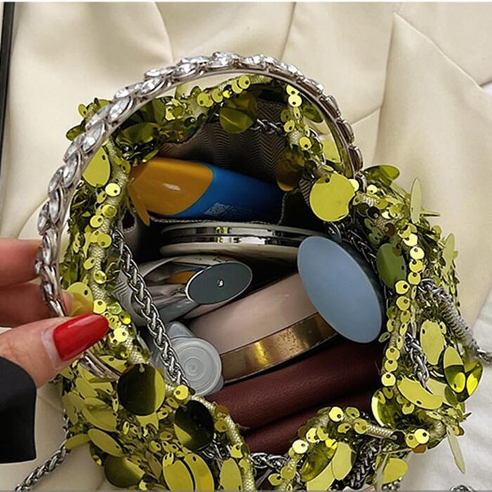 Блискуча вечірня сумочка-відерце з паєтками та металевою китицею. Сумка на шнурку, з ланцюжком, через плече. Чорний, синій.