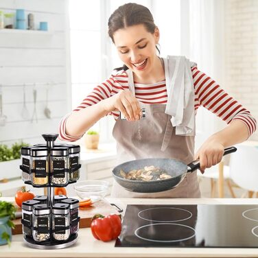 Обертова підставка для спецій з 2 ярусами та 12 баночками для спецій по 120 мл, розмір отвору у формі годинника на 360, карусель для спецій, що обертається на 360, підставка для спецій з нержавіючої сталі, органайзер для спецій для легкого доступу до спец