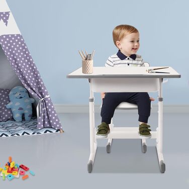 Дитячий письмовий набір, дитячий стіл з регульованою висотою (стіл 64-76 см, стілець 36-42 см), стіл з гачками, шухлядою та лотком для ручок для дітей віком 3-18 років, навчання письму та малюванню (кремово-білий)