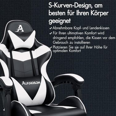 Ігрове масажне крісло ALFORDSON, нахил 150, ергономічне крісло для керівника, шкіра синтетична з підставкою для ніг, регулювання висоти, спортивне крісло, вантажопідйомність 180 кг, білий Vogler - серія White Vogler