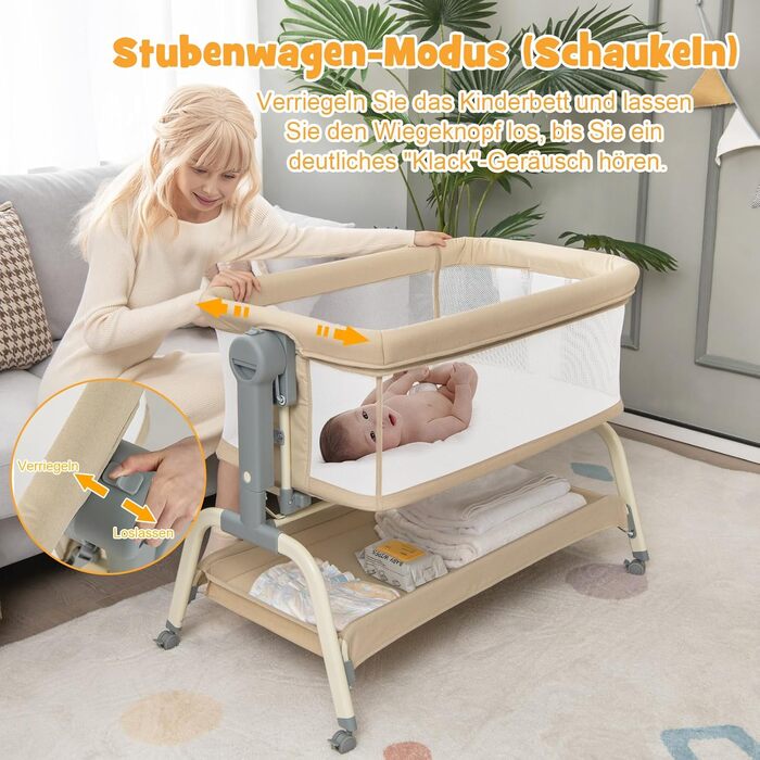 Дитяче ліжечко COSTWAY 4 в 1 з москітною сіткою, бічним ліжком, колискою та люлькою, а також дорожнім ліжком з матрацом, 6 регульованих рівнів висоти, сумкою для перенесення, складним портативним ліжечком для дітей до 6 місяців (бежевий)