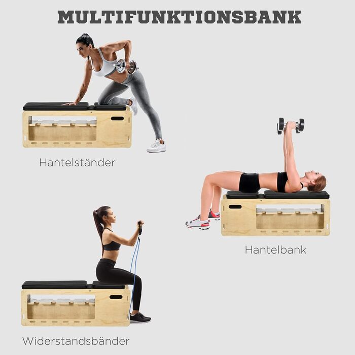 Лава для важкої атлетики HOMCOM, тренувальна лава з ящиком для зберігання та стрічками опору, регульована фітнес-лава для важкої атлетики, силових тренувань, масив дерева