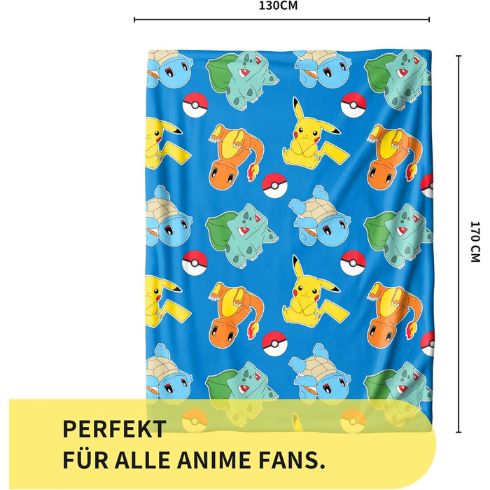 Флісова ковдра Pokmon 130x170 см Офіційно ліцензована, мяка та пухнаста Сертифікована Oeko-Tex, легка у догляді та довговічна Ідея подарунка для дітей та дорослих Pikachu & Friends