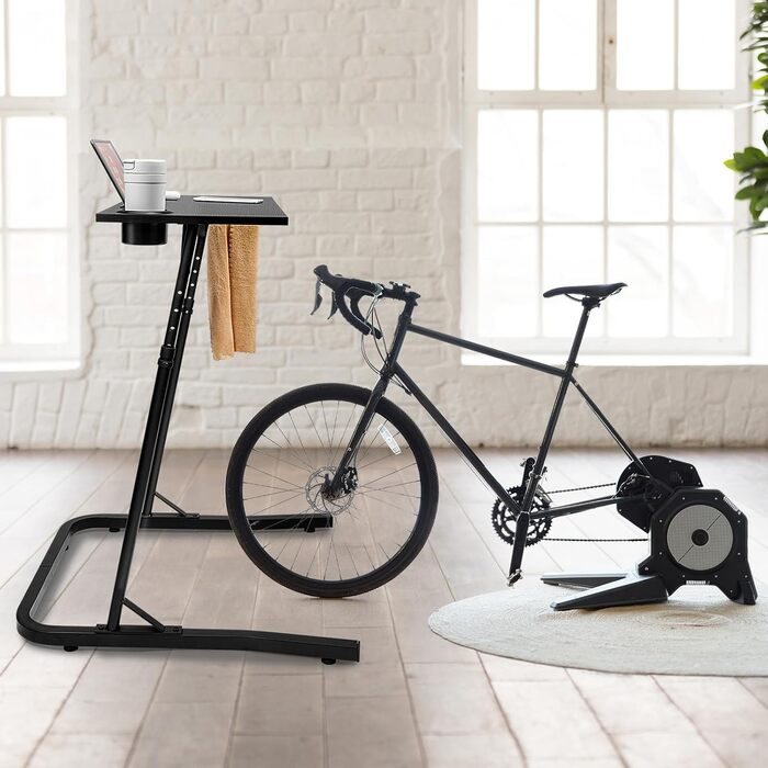 Велосипедний стіл для велотренажерів, регульована по висоті бігова доріжка, стіл для тренувань на біговій доріжці, портативний роликовий тренажер для велотренажерів з тримачем для напоїв, тримач для планшета, тримач для рушників, чорний