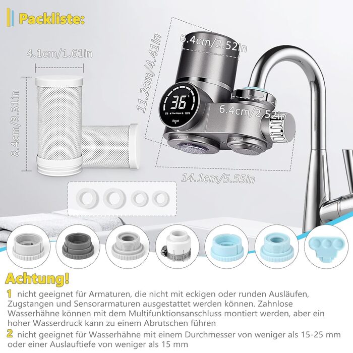 Кран з фільтром для води MILFECH зі світлодіодним дисплеєм, фільтр для води, питна вода зі світлодіодним дисплеєм, 2 фільтри, УФ-блакитне світло для кухні