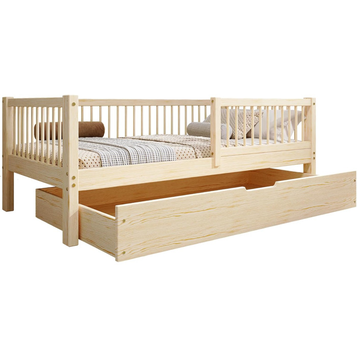 Дитяче ліжко 80x160 з шухлядою - Нефарбоване дерев&39яне ліжко - Односпальне ліжко для дітей з рейковою основою та знімними захисними поручнями - Вантажопідйомність до 100 кг - виготовлено з сосни 1 класу 80x160 Нефарбована деревина
