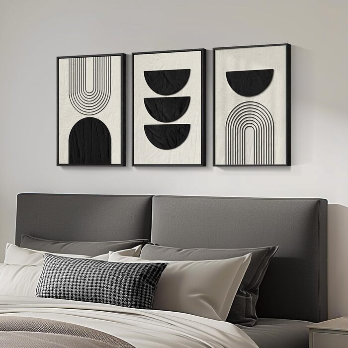 Чорно-біле абстрактне настінне мистецтво в стилі бохо в рамці, 3 шт. сучасні бежеве полотно, картини-витвори мистецтва для стін, чорні геометричні картини для вітальні, спальні, коридору, офісу, настінний декор 16x24 дюймів, 16&39 Ш x 24&39 В x 3 шт. геом