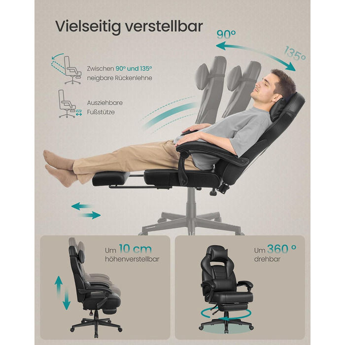 Ігрове крісло SONGMICS, офісне крісло з підставкою для ніг, робоче крісло з підголівником та поперековою опорою, регульована висота, ергономічне, вантажопідйомність до 150 кг, чорний колір OBG073B05 Колір чорнила чорний