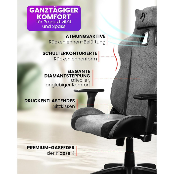 Ігрове крісло Arozzi Avanti Ергономічне ігрове крісло з мякої тканини, регульоване по висоті з регульованою спинкою та підлокітниками, підголівником, шведський дизайн для домашнього офісу та ігор Попелясто-сірий