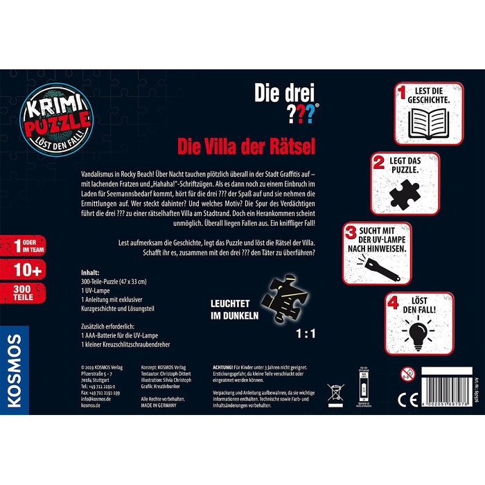 Три слідчі - Пазл Кримінал - Вілла загадок КОСМОС 697976, 300 елементів, Світиться в темряві, з УФ лампою, Читання, головоломка, р