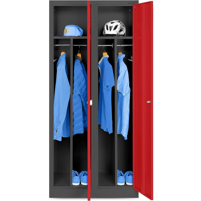Шафа Jan Nowak, металева шафа, гардероб, шафа-шафа 2 відділення з вішалкою для одягу, роздільниками, вентиляційними отворами, 4 гачками для одягу на відділення 180 см x 80 см x 50 см Антрацит/Червоний Антрацит/Червоний 180 см x 80 см x 50 см