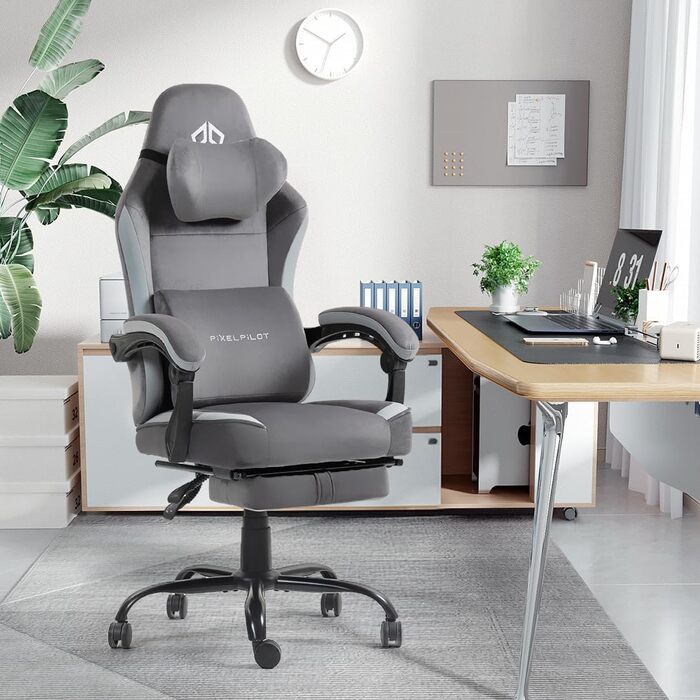 Ергономічне ігрове крісло PixelPilot Дихаюча тканина Крісло з підставкою для ніг, підголівником та поперековою опорою, ігрове ПК-крісло Широке сидіння Офісне крісло вантажопідйомністю 150 кг (Nebula, чисто сірий) Чисто сірий Nebula