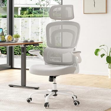 Ергономічне офісне крісло Farini з регульованим підголівником, крісло керівника з підлокітниками, ігрове крісло на колесах, світло-сіре з підголівником