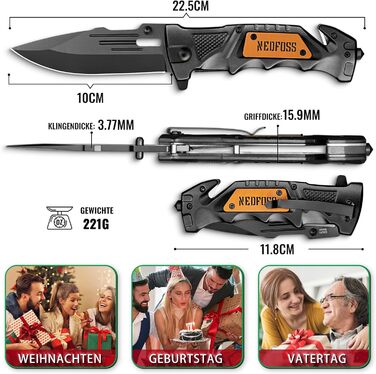 Рятувальний ніж NedFoss DA75, 10-сантиметровий складаний ніж з різаком для ременя та склорізом, кишеньковий ніж з фіксатором на пі
