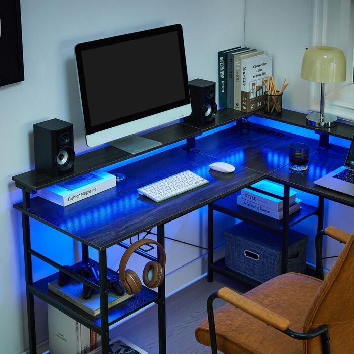 Ігровий стіл зі світлодіодним освітленням та розетками, 140 x 140 см, комп&39ютерний стіл з підставкою для монітора для домашнього офісу, спальні, вітальні, сірий, 140 x 140 x 85 см