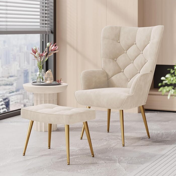 Крісло, диван для вітальні, сучасне крісло-гойдалка, реклайнер з металевими ніжками, оксамит, для вітальні/спальні, до 150 кг (кремовий, з підставкою для ніг) з підставкою для ніг, кремовий