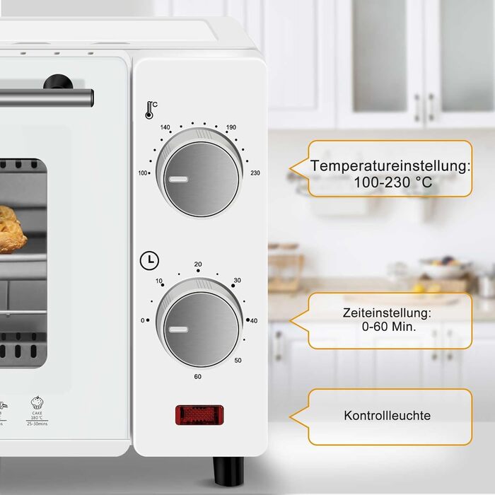 Міні-піч WOLTU 10 літрів, мала духовка, піч для піци, 100-230 C, таймер 0-60 хв., міні-піч з деком для випікання, ручкою для зняття решітки гриля, білий, BF14ws