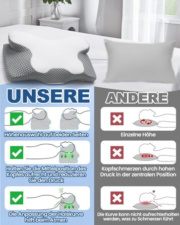 Подушка для шиї, подушка з піни з ефектом пам&39яті, ергономічна ортопедична подушка, 2 висоти для сну, зручна подушка для сну на боці, спині та животі, сіра