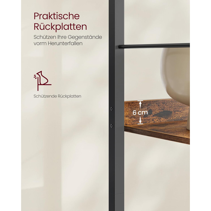 Рівнева книжкова полиця, полиця для зберігання, 30 x 60 x 178 см, із задніми панелями, для вітальні, кабінету, домашнього офісу, промисловий дизайн, вінтажний коричнево-чорний колір LLS118B01 6 рівнів (60 см), 6-