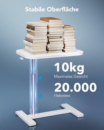 Журнальний столик HUANUO з колесами, регульований по висоті бічний столик зі стільницею 70 x 40 см, мобільний пневматичний невеликий столик для ноутбука з підставкою для чашок для домашнього офісу, білий 70 x 40 см