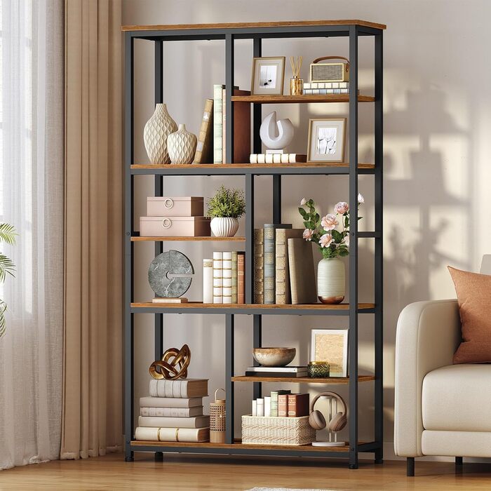 Книжкова полиця HOOBRO, окремостояча полиця з 4 регульованими ніжками, вертикальна полиця, офісна полиця, полиця для зберігання речей для вітальні та кабінету, 100 x 28 x 180 см, вінтажний коричневий та чорний EBF06SJ01