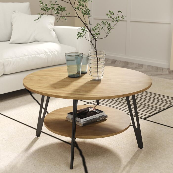 Круглий дерев&39яний журнальний столик Manora з подвійним відділенням для зберігання, круглий стіл для вітальні, дерев&39яний бічний столик з металевою основою, сучасний дизайн круглого дивана-столика для вітальні (дуб, C25298) Меблі для вітальні з дуба