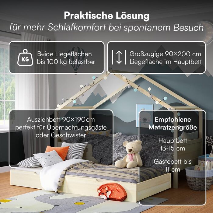 Дитяче ліжко Bellabino Bela 90x200 см Розсувне ліжко-будиночок з поручнями та рейковою основою Дитяче ліжко з гостьовим ліжком для хлопчиків та дівчаток Дерев&39яне ліжко-будиночок Монтессорі з натуральним покриттям та гостьовим ліжком Матрац не входить д