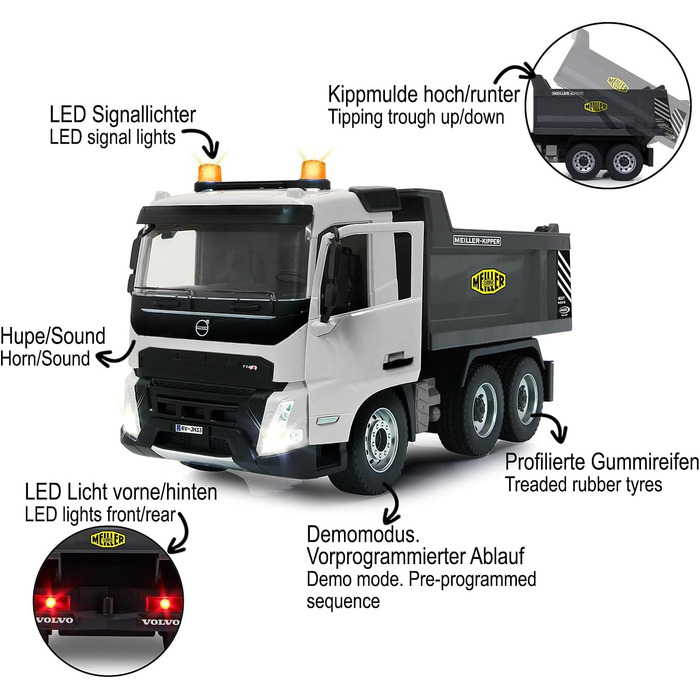 Позашляховий самоскид Volvo FMX Meiller 120 2,4GHz Офіційна ліцензія, звук попередження про рух заднім ходом, протектовані гумові шини, LED підсвічування, підйом/опускання кузова, будівельна техніка