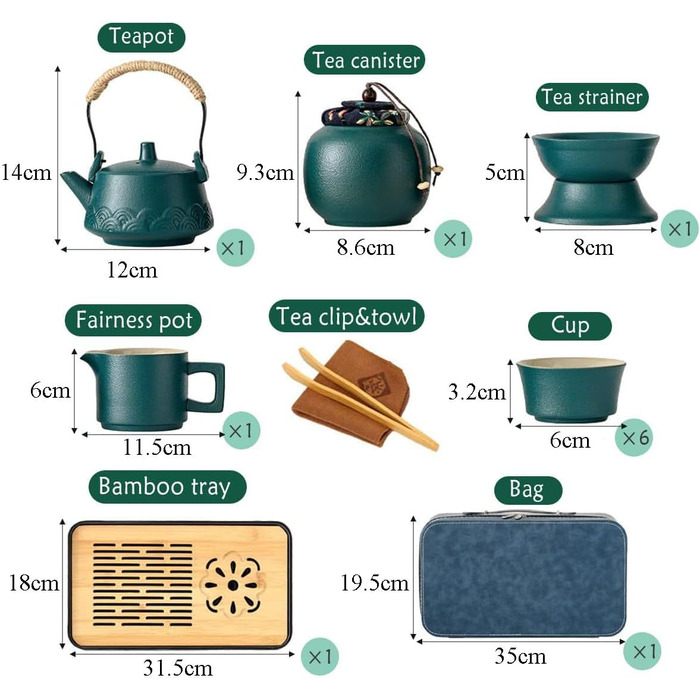 Китайський чайний сервіз з ситечком, порцеляновий набір для чаювання на 6 чашок, з ручкою з конопляного канату для розсипного чаю, ідеальний подарунок для поціновувачів чаю, зелений колір