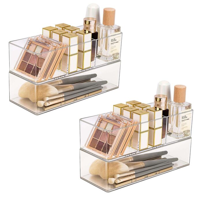 Набір органайзерів JessLab з 4 акрилових шухляд, прозорі коробки для зберігання косметики, ювелірних виробів та офісного приладдя, що складаються для туалетного столика, ванної кімнати, стільниці, комбінований набір з 2 з 1 відділенням та 2 з 3 відділення