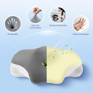 Подушка для шиї, подушка з піни з ефектом пам&39яті, ергономічна подушка для сну на боці, спині та животі з 2 знімними чохлами, сіра