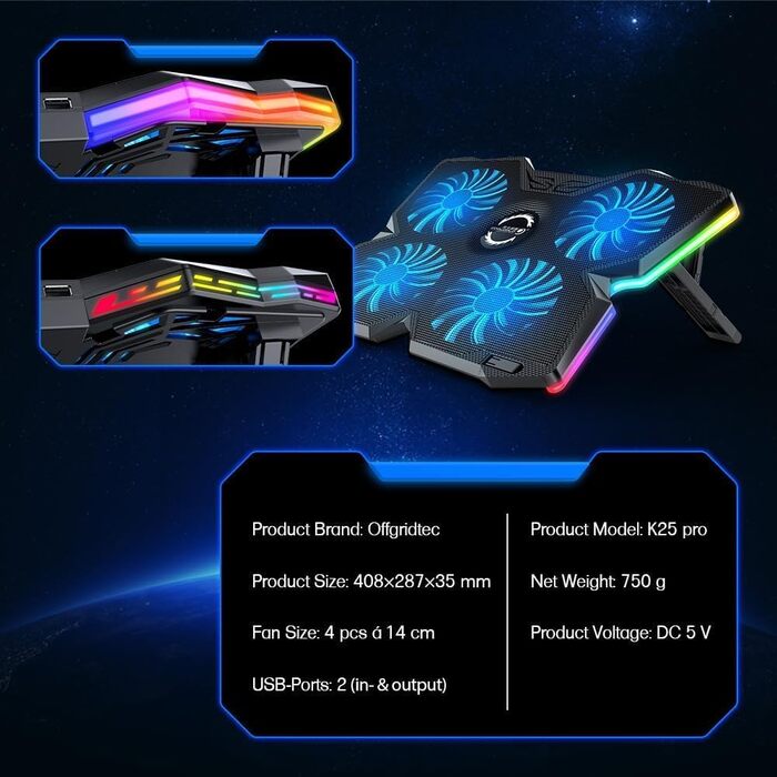 Охолоджувач для ноутбука Offgridtec K25 Pro, підставка з 4 тихими вентиляторами (1100 об/хв), 2 USB-порти, регульована висота, ергономічний дизайн для ігрових консолей та ноутбуків 10-17 дюймів, синій