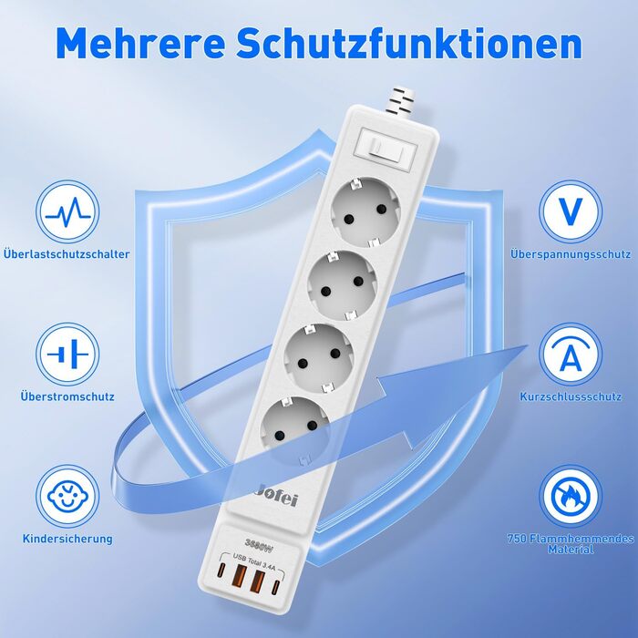 Мережевий фільтр 8 n 1 розетка з USB, 3680 Вт з вимикачем, захист від перенапруги 16А, багатоконтактна вилка з 2 розетками USB C д