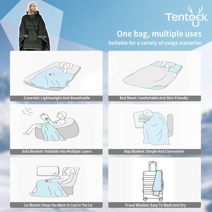 Зимове пончо Tentock унісекс з капюшоном, тепла ковдра, пуловер з капюшоном, надлегкий спальний мішок, водонепроникний, невелика ковдра для кемпінгу та походів на свіжому повітрі, сірий