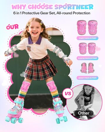 Роликові ковзани Sportneer для дівчаток, EU 23-36, райдужні роликові ковзани для дітей, 4 регульовані розміри із захисним спорядженням, роликові ковзани для початківців, подарунки на Різдво та день народження, рожеві XS (EU 23-26)