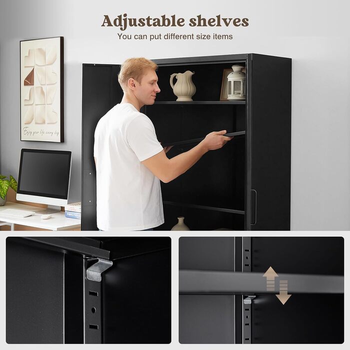Шафа для документів, що замикається, з 2 дверима, металева шафа, сталева шафа, багатоцільова шафа, металева офісна шафа, регульовані полиці, шафа для зберігання речей для офісу, дому, гаража, 170x78x39 см, чорна
