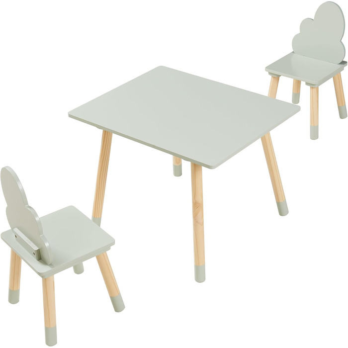 Дитячий стіл з 2 стільцями Ігровий стіл Hovle Дитячі стільці зі спинкою у формі хмари Дитяча група сидінь Дитячі меблі Дитячий стіл для малювання Дерев&39яний М&39ятно-зелений