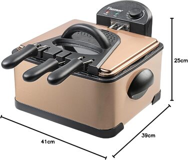 Олійна фритюрниця Bestron XL з 3 кошиками для смаження, включаючи технологію холодної зони та знімний контейнер для олії, 4 літри, можна мити в посудомийній машині, 2000 Вт, нержавіюча сталь, колір мідь